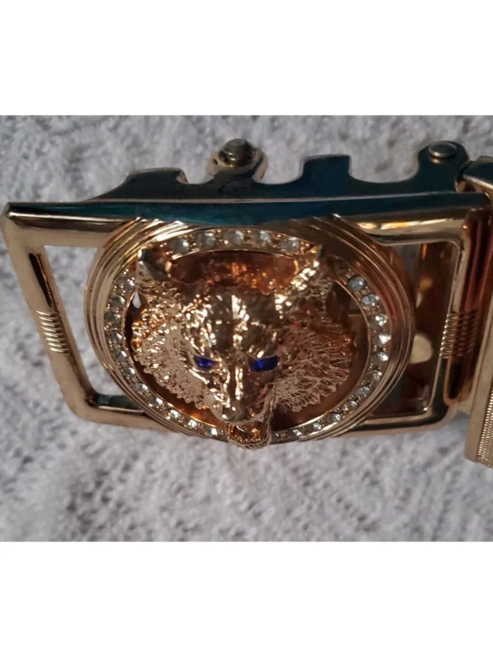 New Men XXL Black Heavy Duty Wolf Head Belt Gold Tone Rhinestone Blue Eyes